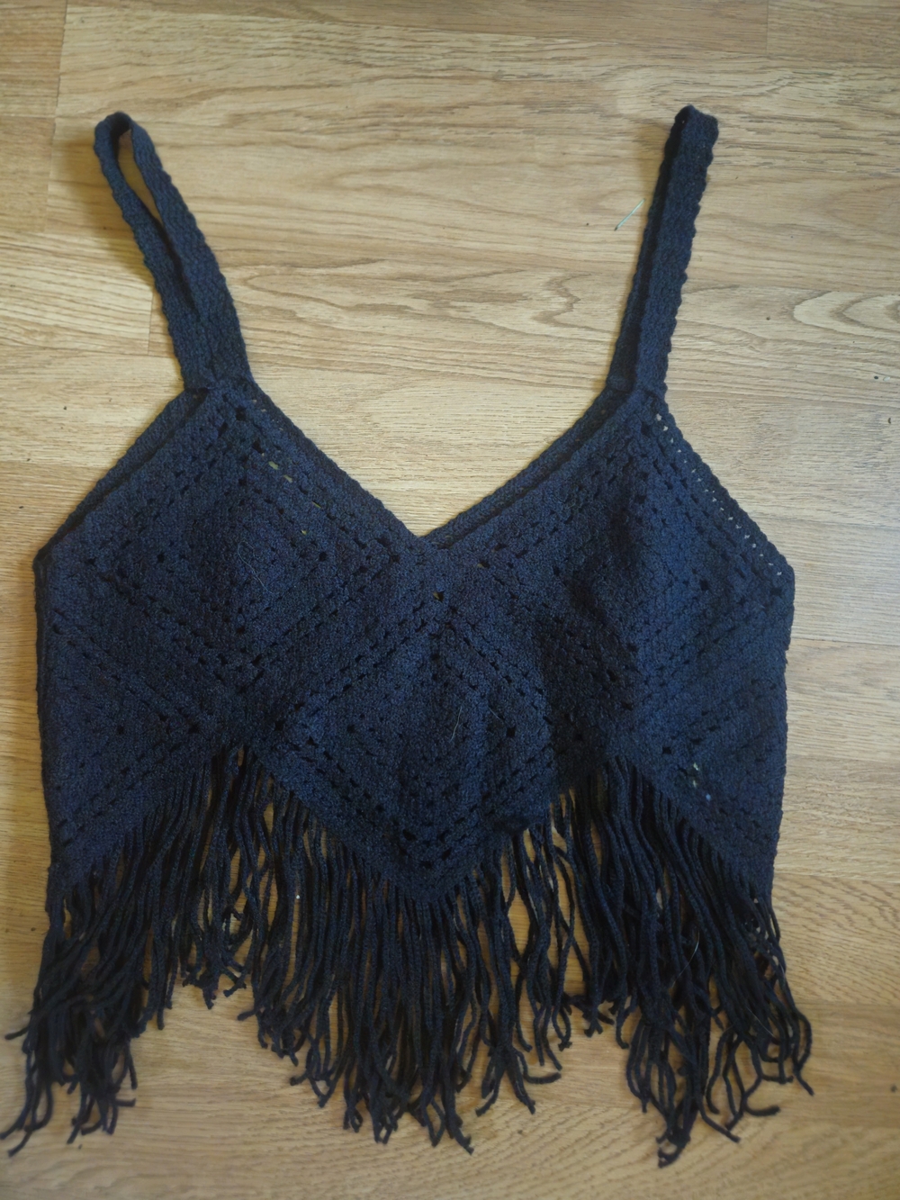 Black Crochet Fringe Crop Top - Brand: